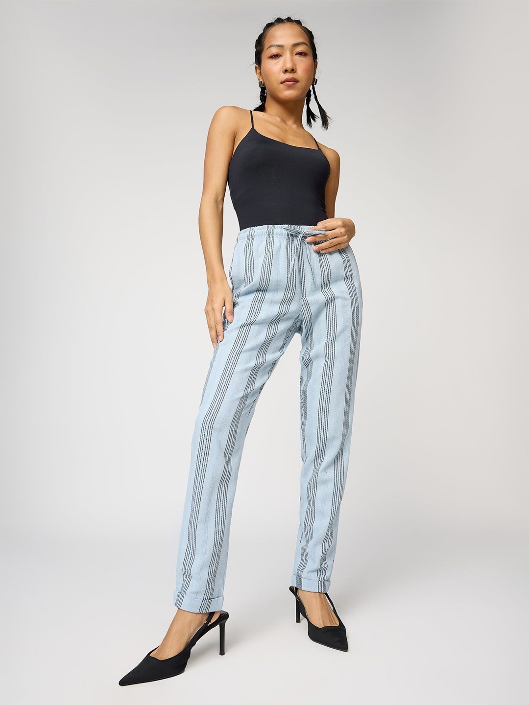 

FREAKINS Women Cotton Striped Tapered Fit High-Rise Trousers, Blue