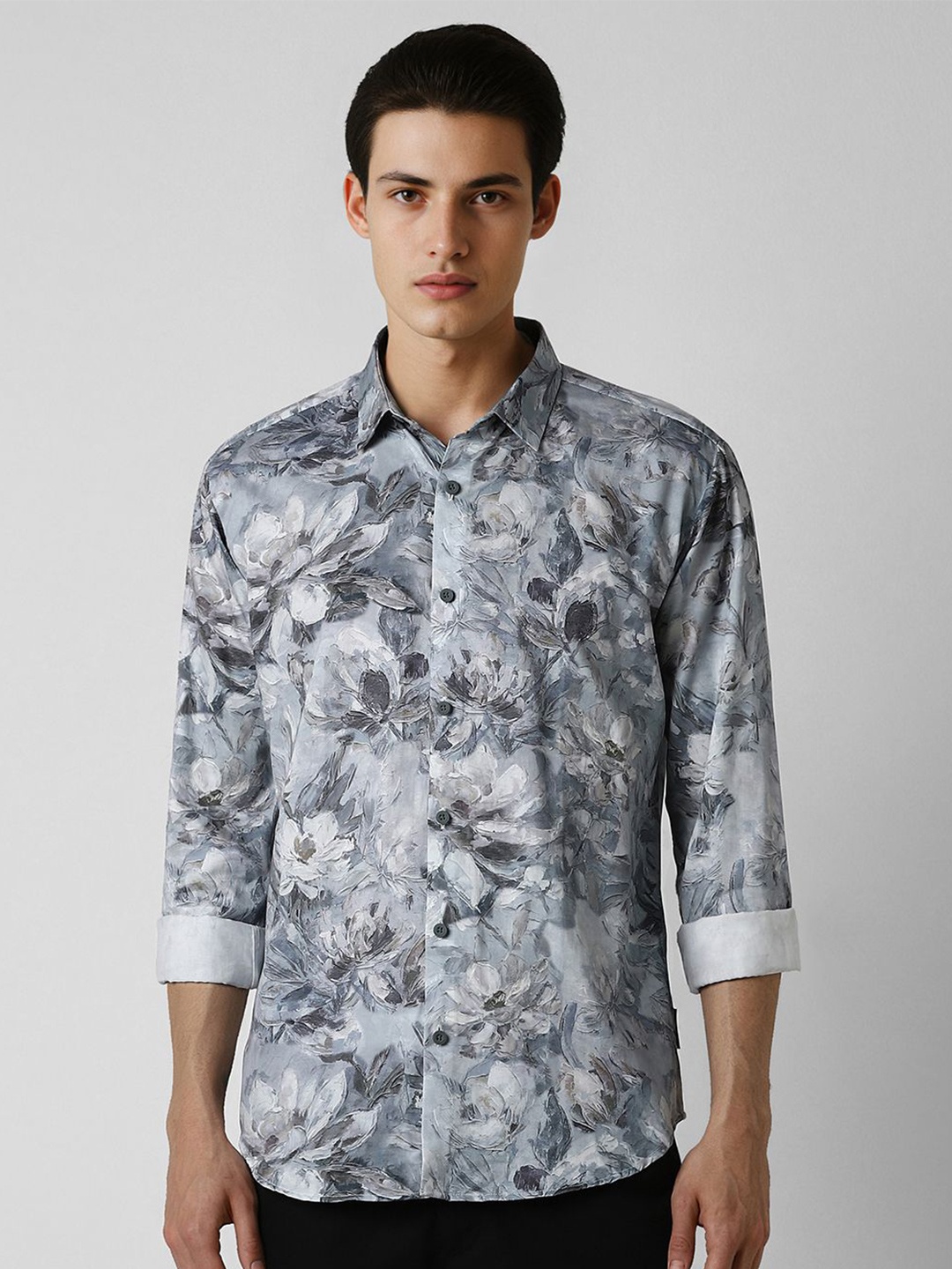 

V Dot Men Spread Collar Floral Printed Cotton Slim Fit Party Shirt, Grey