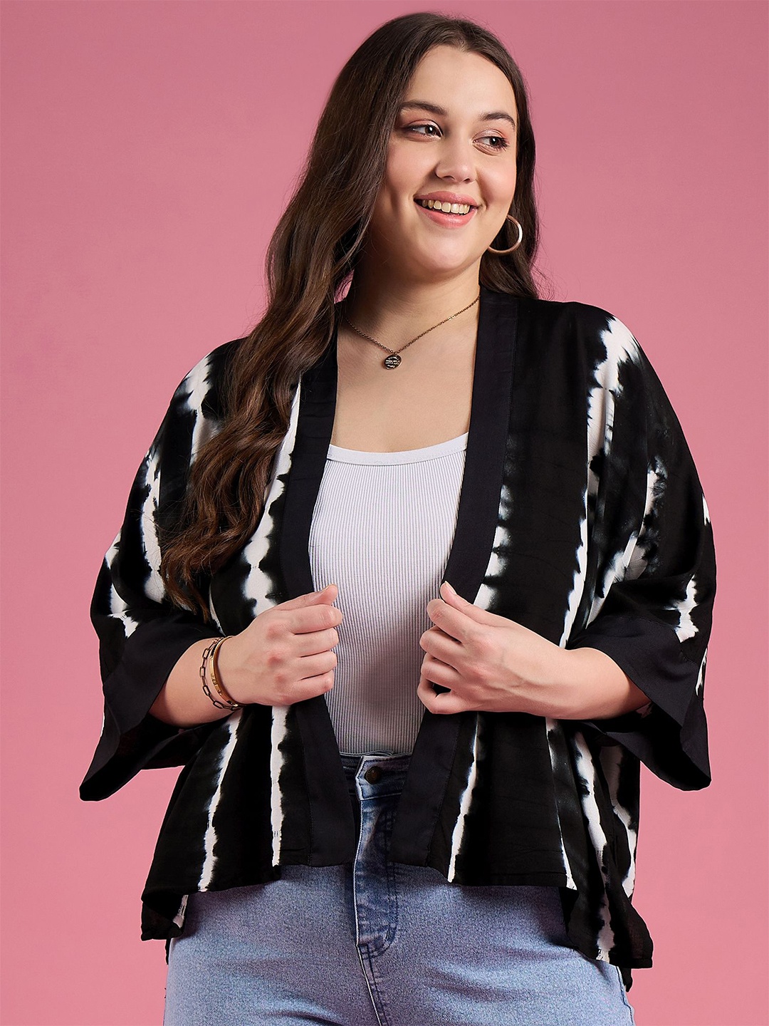 

DressBerry Curve Tie & Dye Open Front Straight Shrug, Black