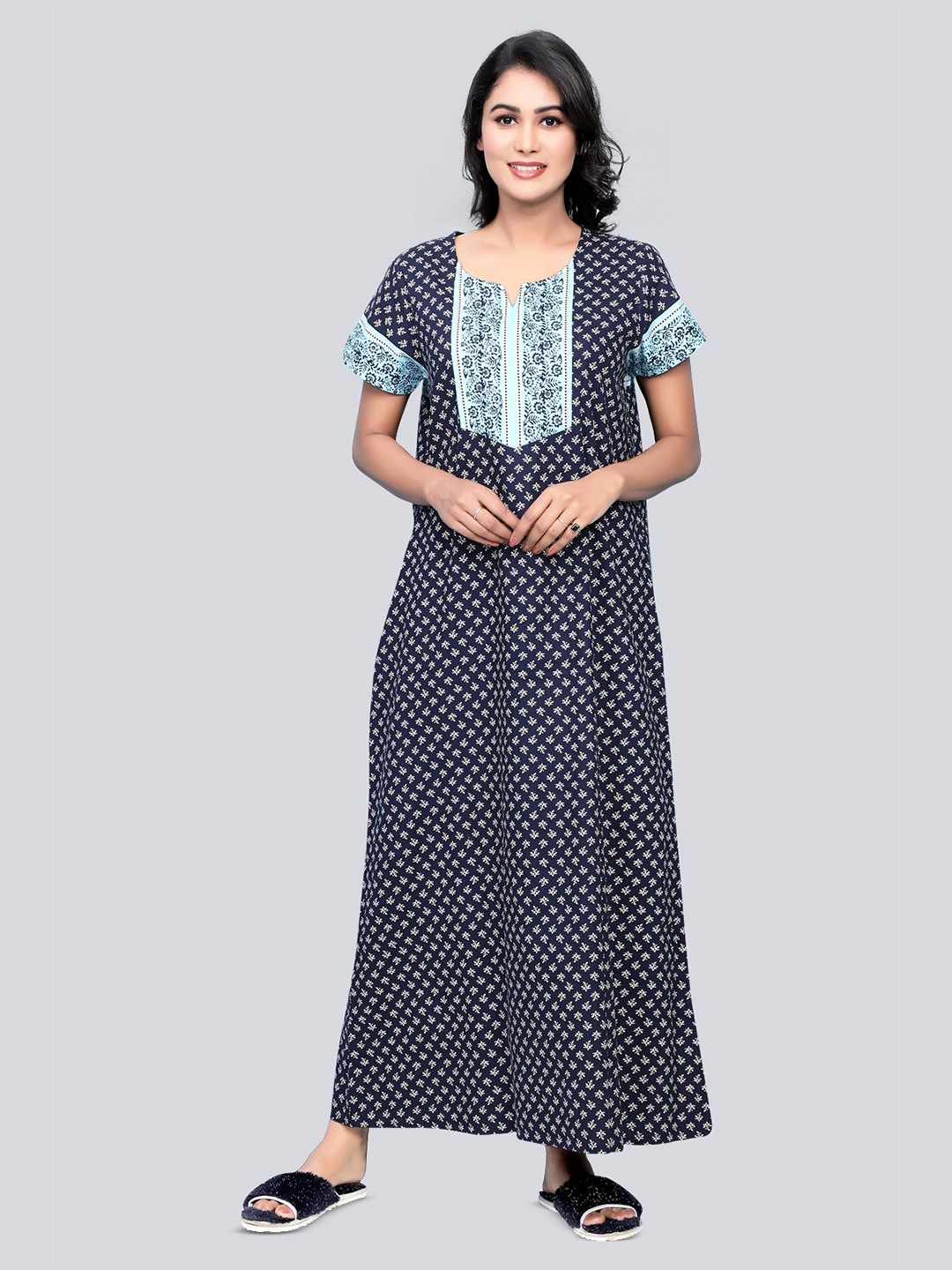 

evolove Printed Cotton Maxi Nightdress, Navy blue