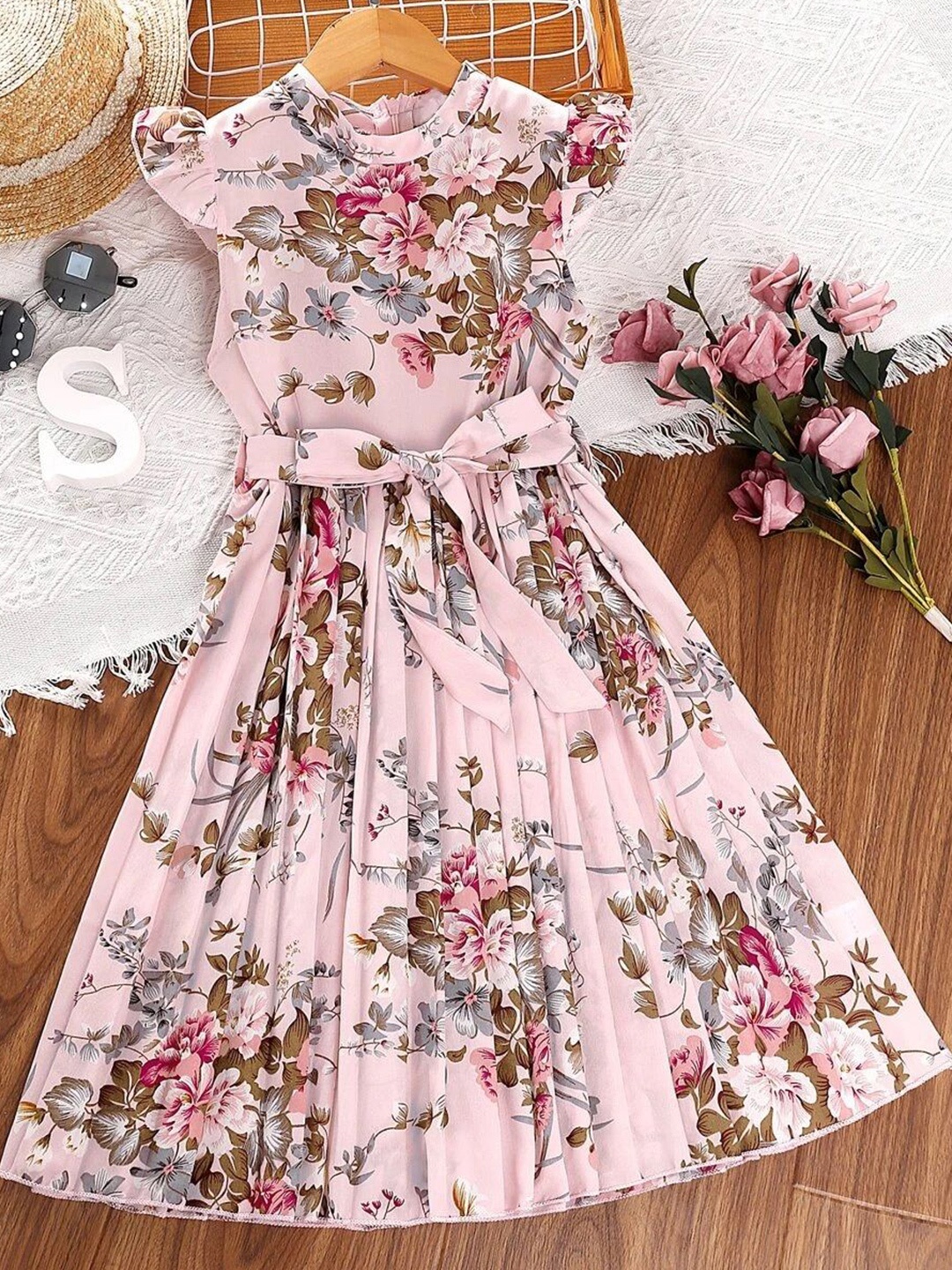 

BAESD Floral Print Flutter Sleeve Fit & Flare Midi Dress, Pink