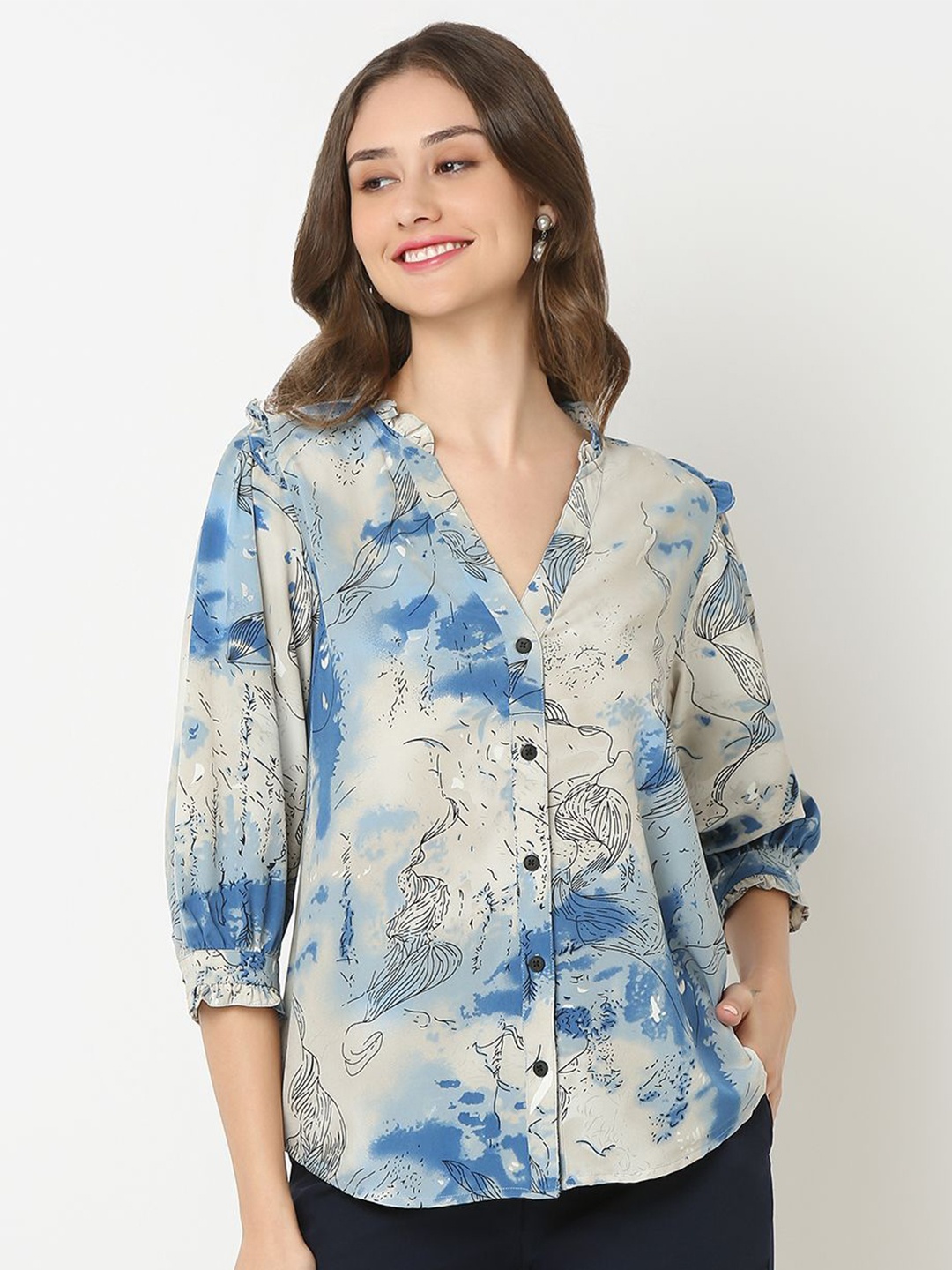 

NOT SO PINK Women New Mandarin Collar Floral Printed Casual Shirt, Blue