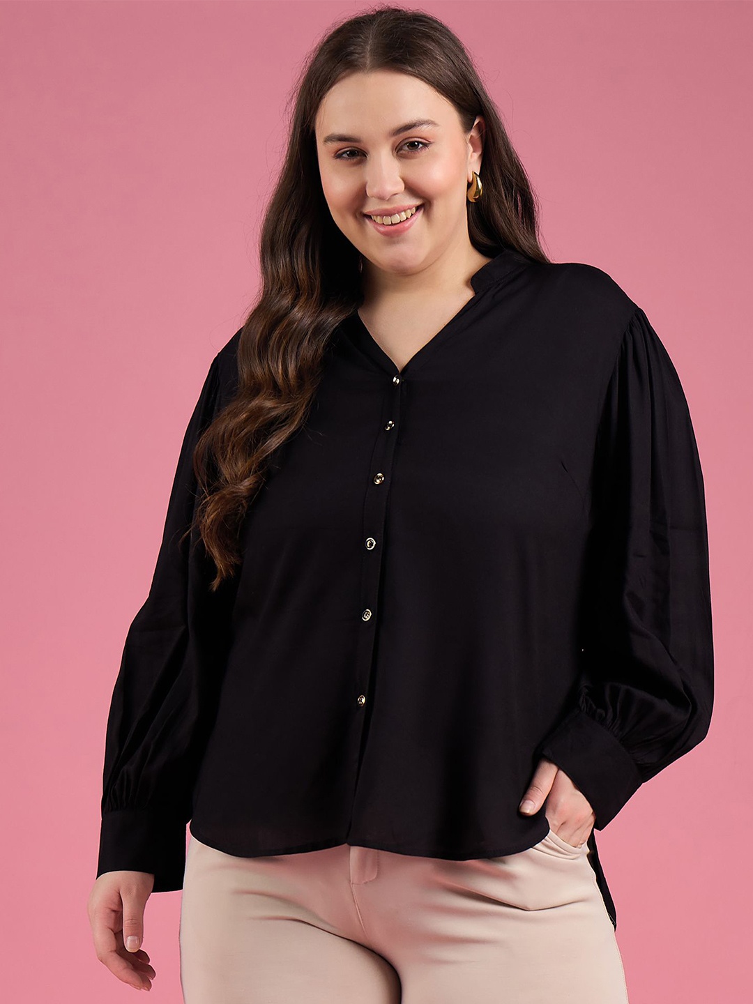 

DressBerry Curve Women Classic Mandarin Collar Solid Plus Size Shirt, Black