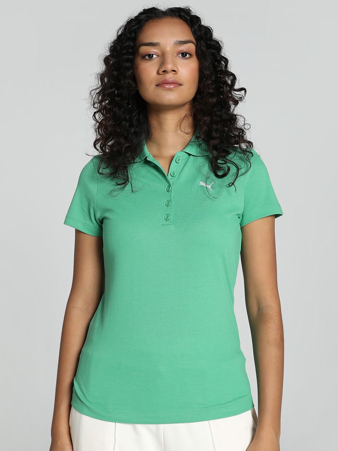 

Puma Women Brand Logo Printed Polo Collar Cotton T-shirt, Green