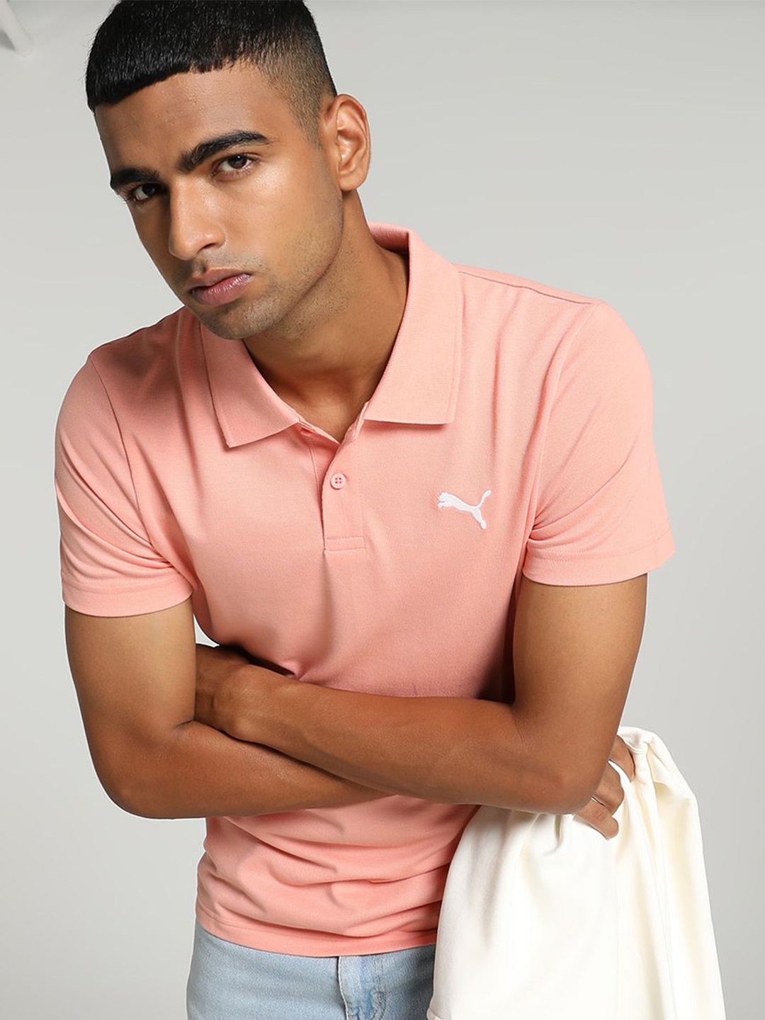 

Puma Men Brand Logo Printed Slim Fit Polo Collar Cotton T-shirt, Pink