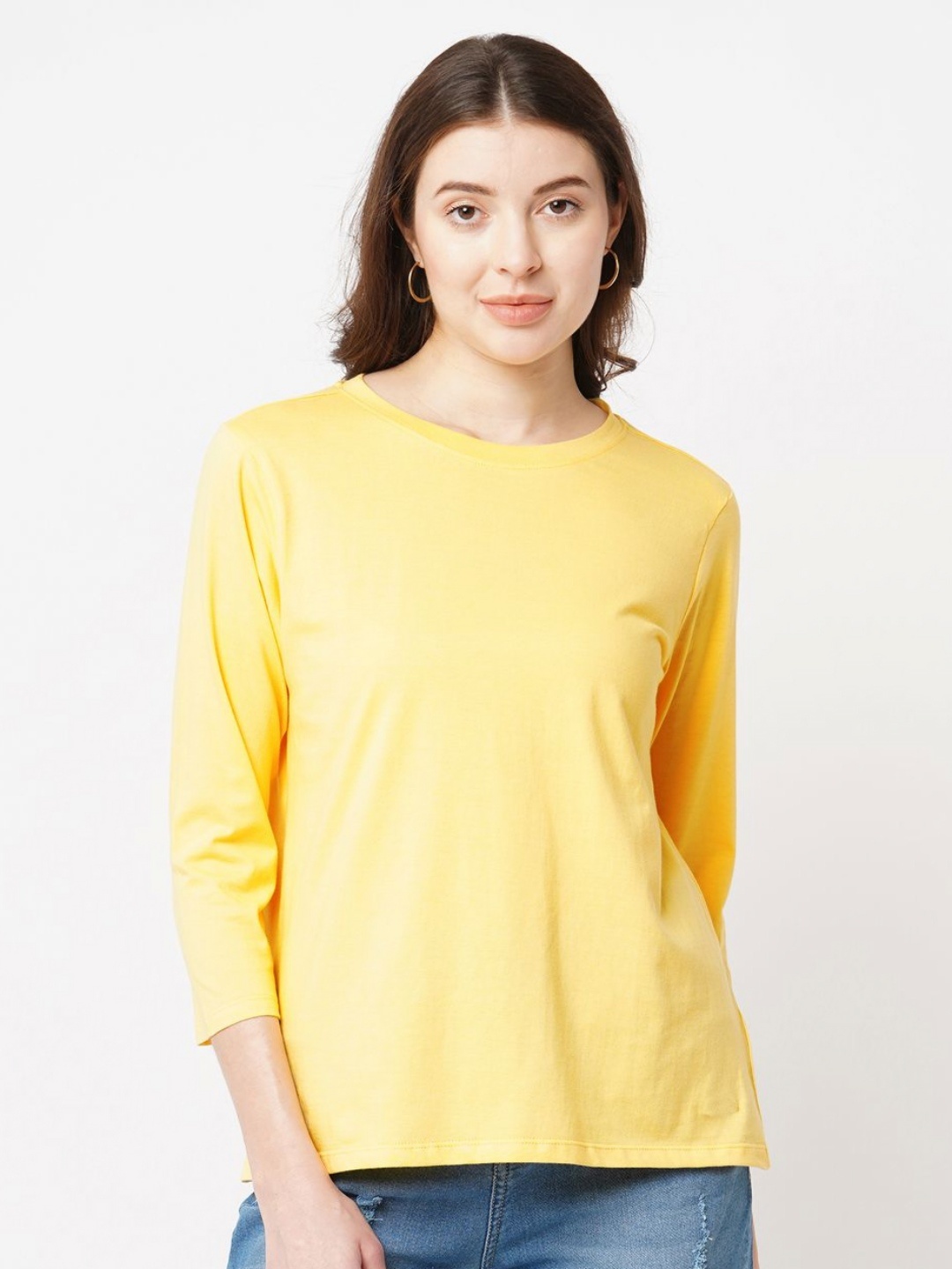 

GUTI Women Solid Round Neck Cotton T-shirt, Yellow