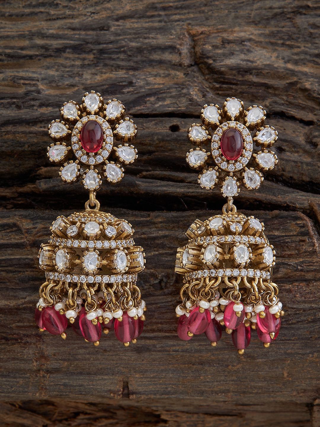 

Kushal's Fashion Jewellery Kundan Beaded Dome Shaped Jhumkas, Red