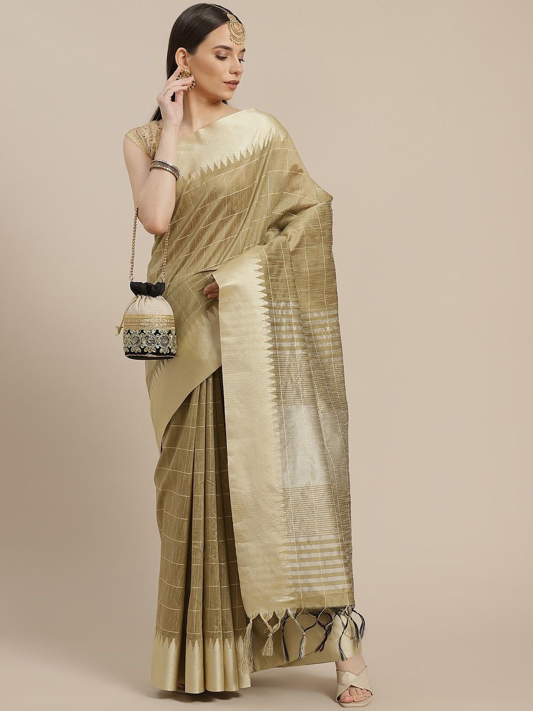 

Anouk Checked Zari Silk Blend Saree, Beige