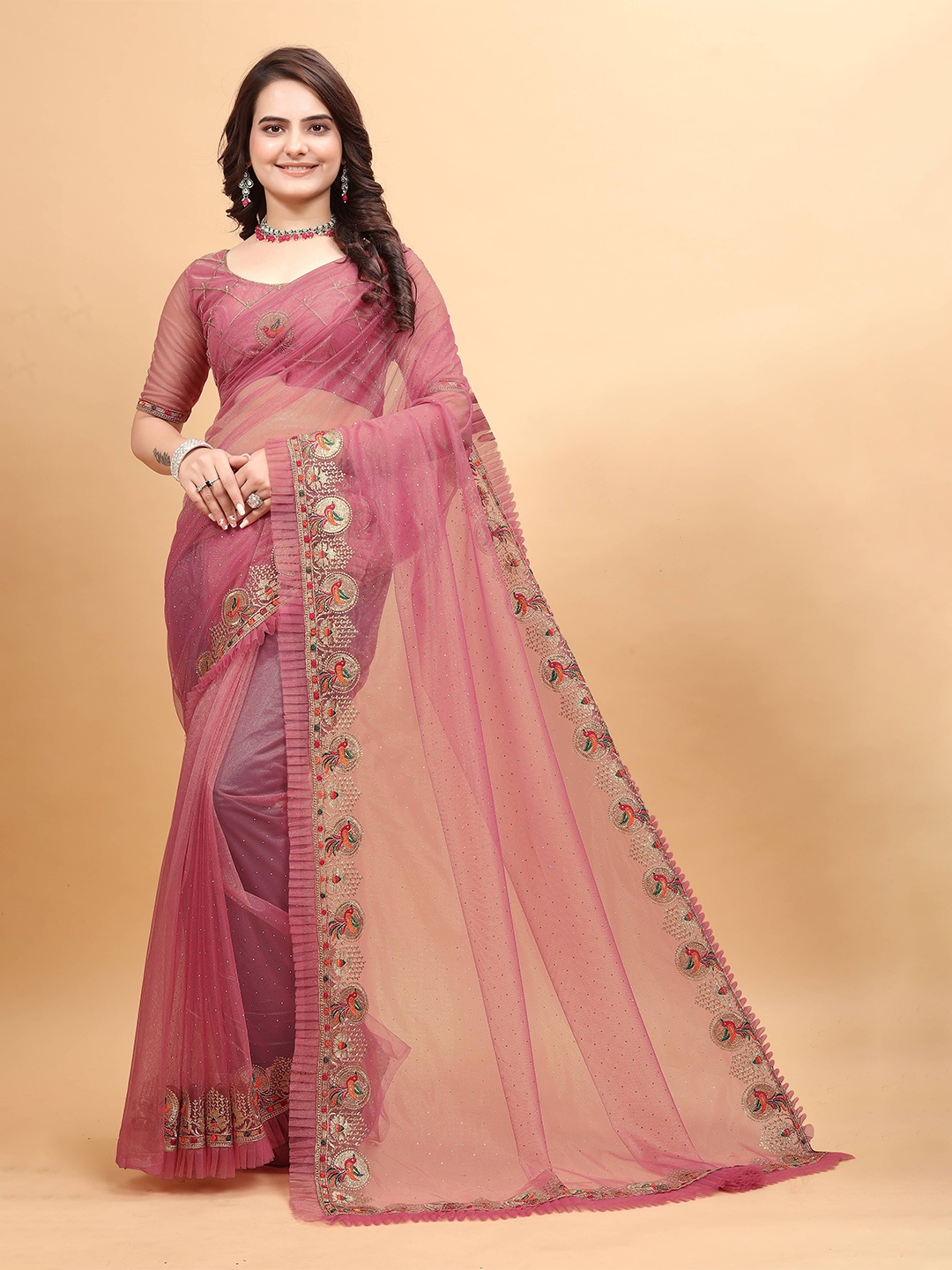 

Zeekha Embellished Embroidered Net Heavy Work Kanjeevaram Saree, Pink