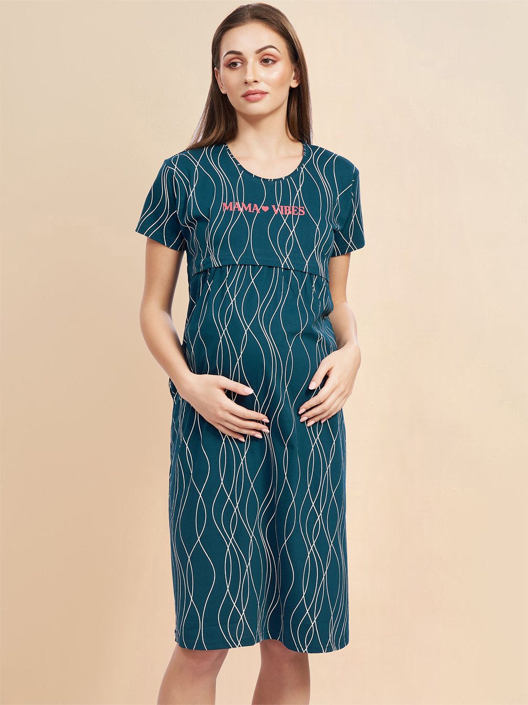 

PASTEL CLIP Wavy Stripe Printed Pure Cotton Maternity T-Shirt Nightdress, Teal