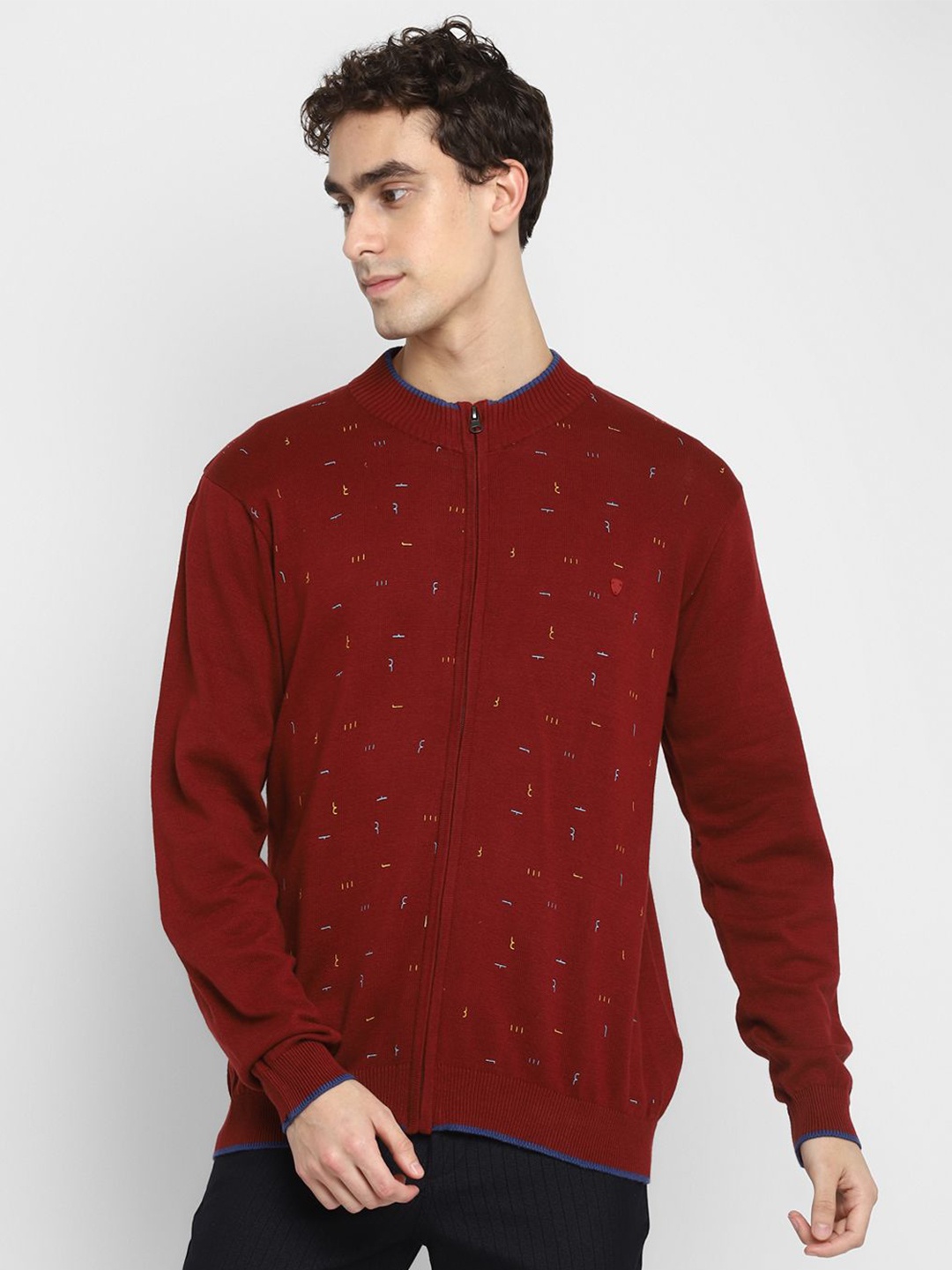 

Turtle Men Slim Fit Printed Cotton Front-Open Sweater, Red