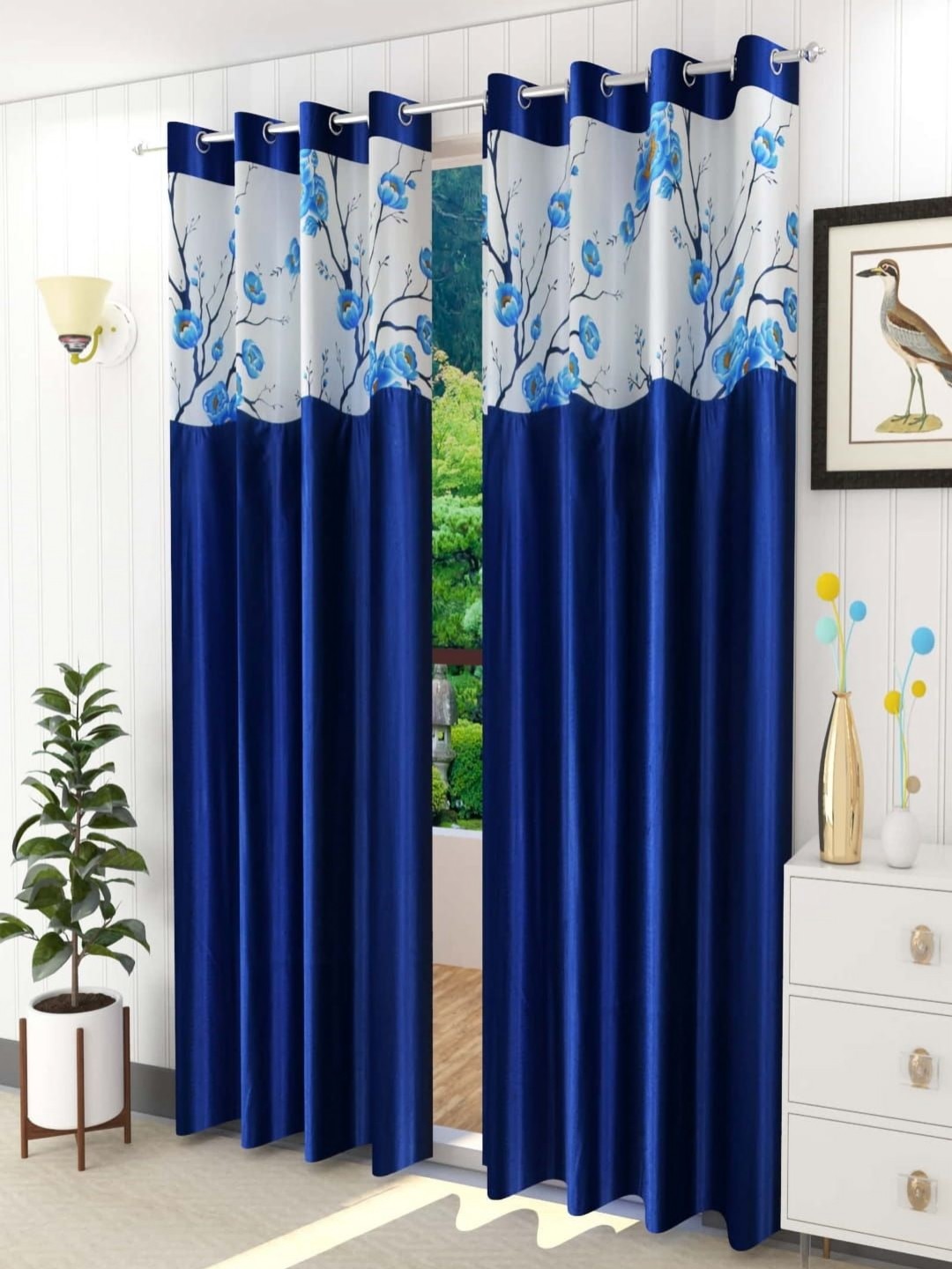 

AADI TRADERS Blue & White 2 Pieces Floral Printed Window Curtain