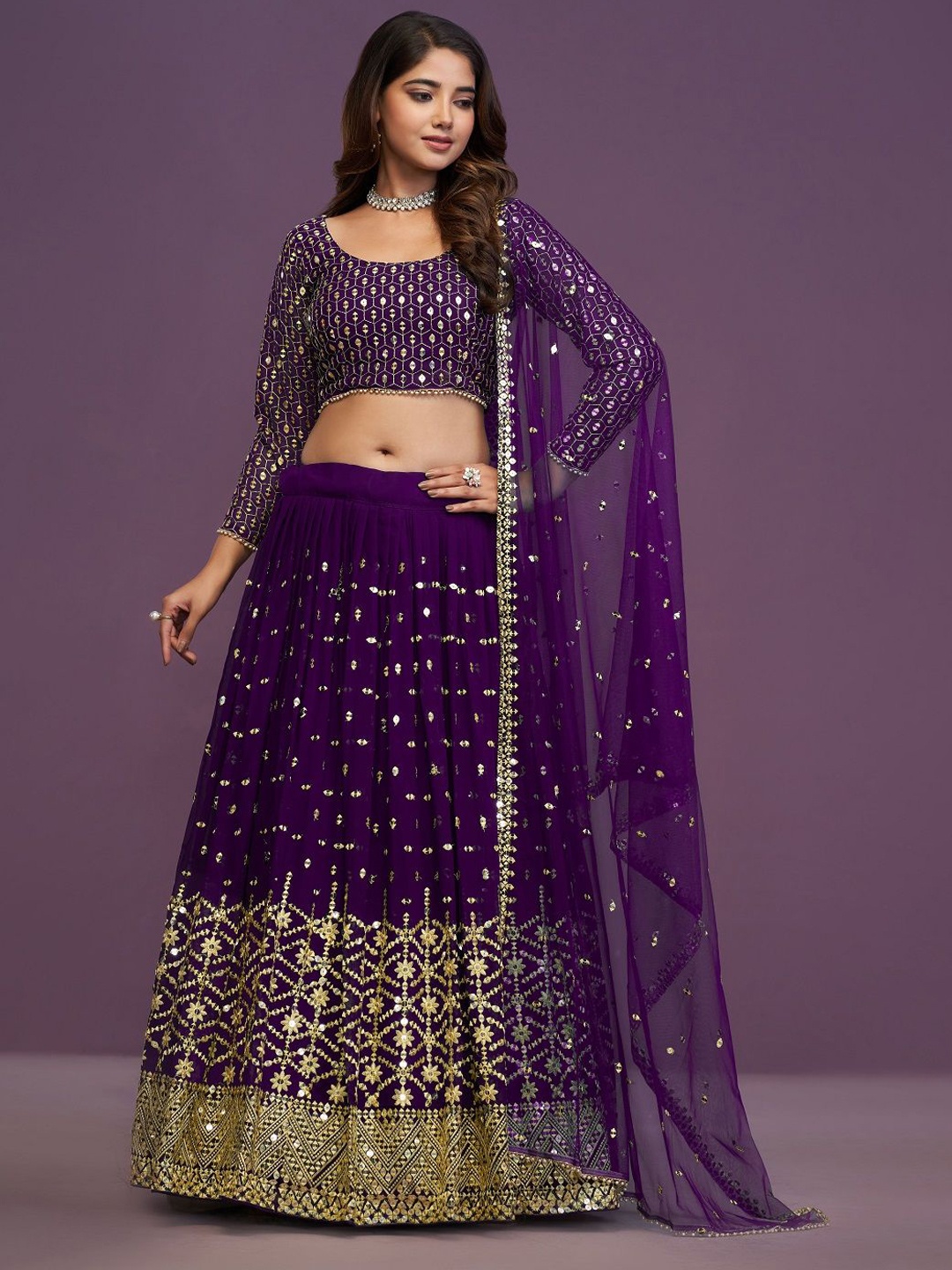 

JIHU CULTURE Embellished Sequinned Semi-Stitched Lehenga & Unstitched Blouse With Dupatta, Purple