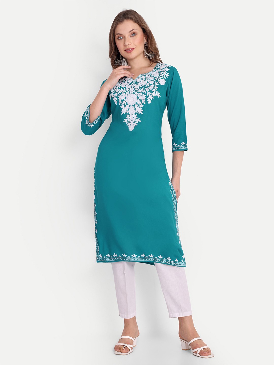 

FNOCKS Chikankari Embroidered Pure Cotton Straight Kurta, Blue