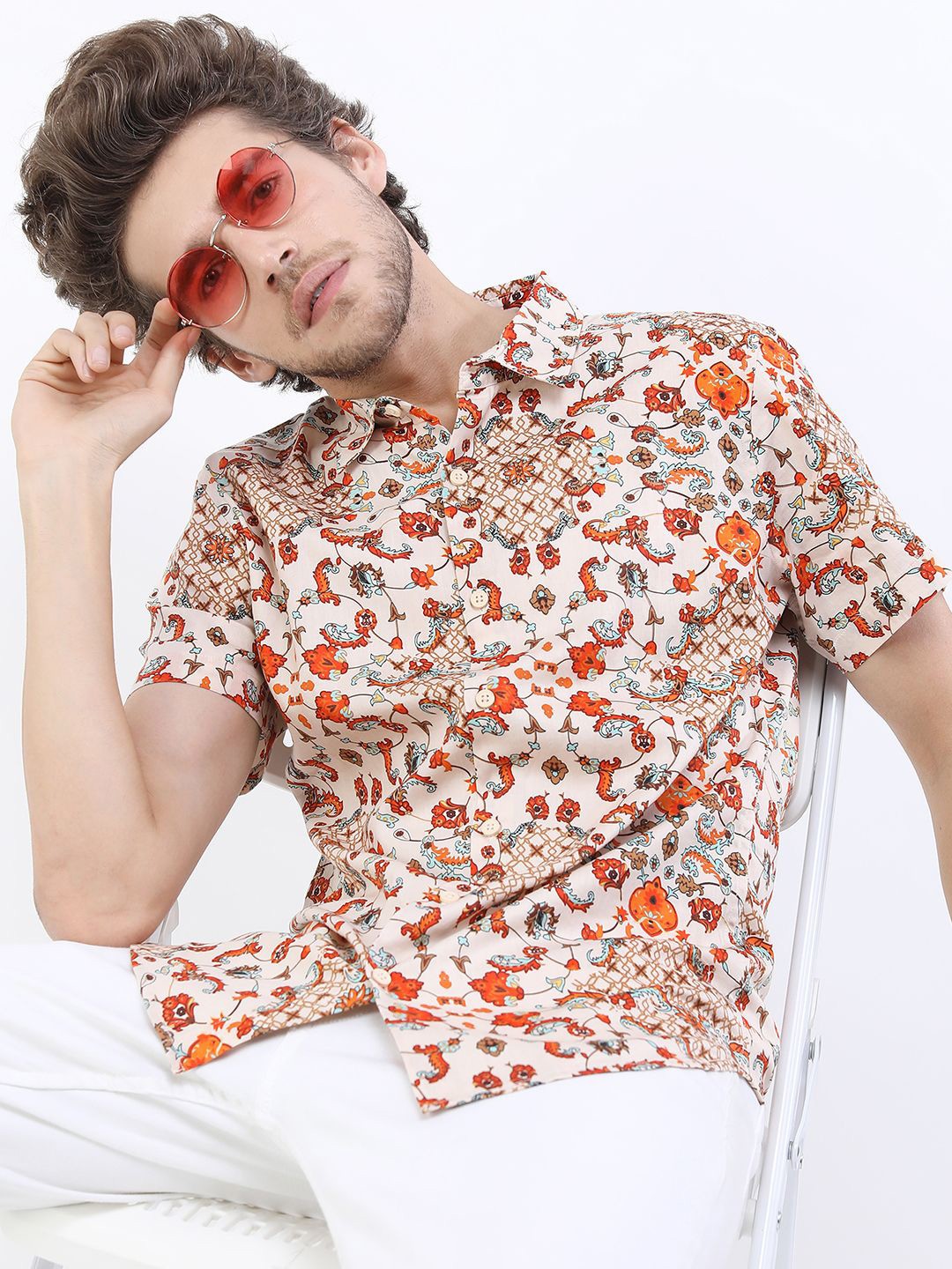 

HIGHLANDER Mens Printed Slim Fit Shirt, Beige