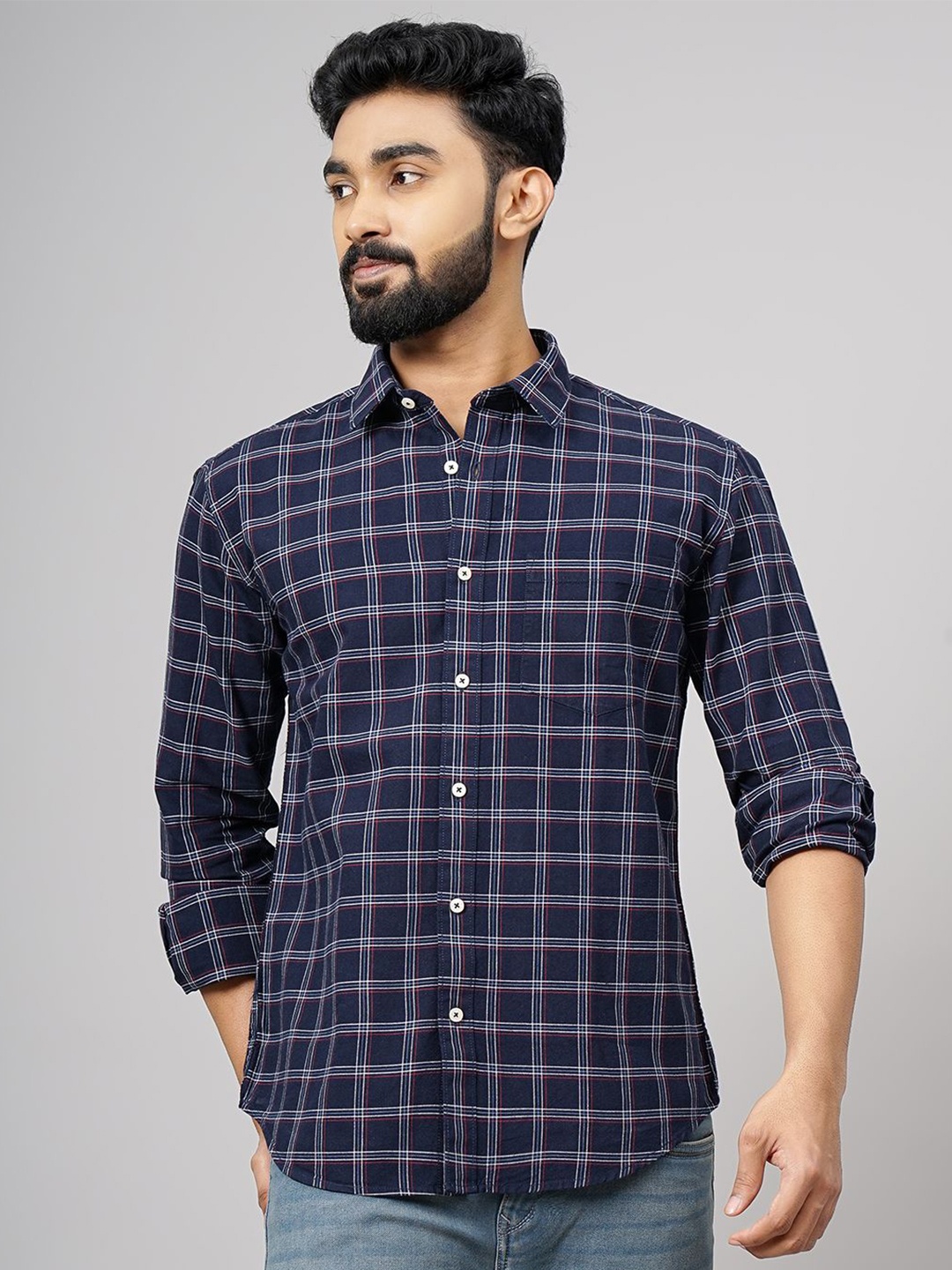 

Greenfibre Men Spread Collar Checked Cotton Casual Shirt, Navy blue