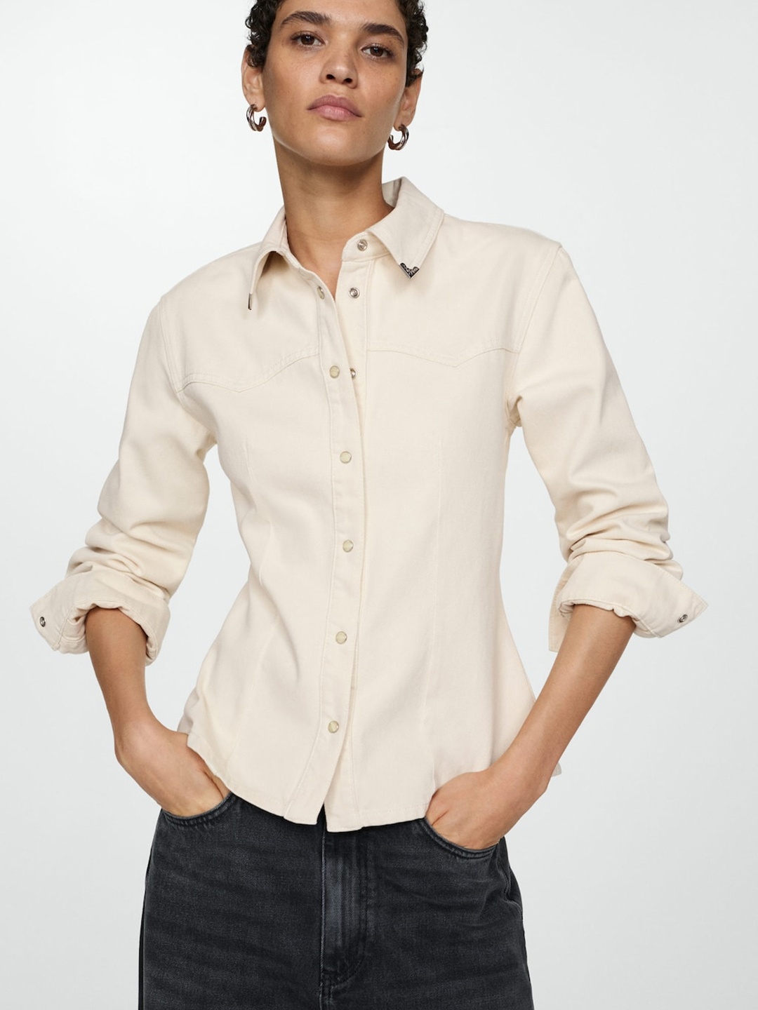

MANGO Women Pure Cotton Denim Casual Shirt, Off white