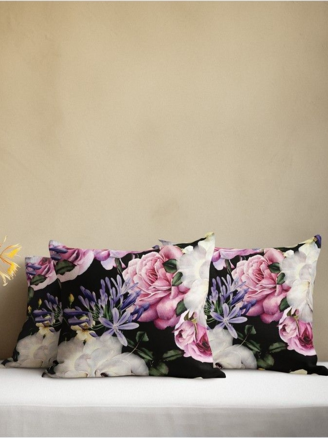 

THEYAYACAFE Black & White 3 Pieces Floral Printed Velvet Square Cushion Covers