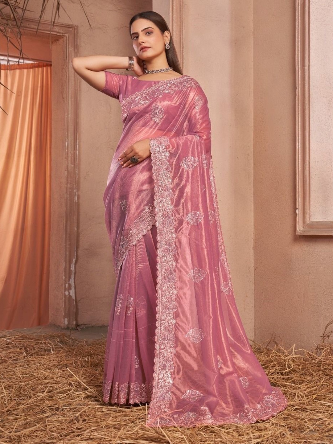 

Mitera Embellished Embroidered Organza Saree, Pink