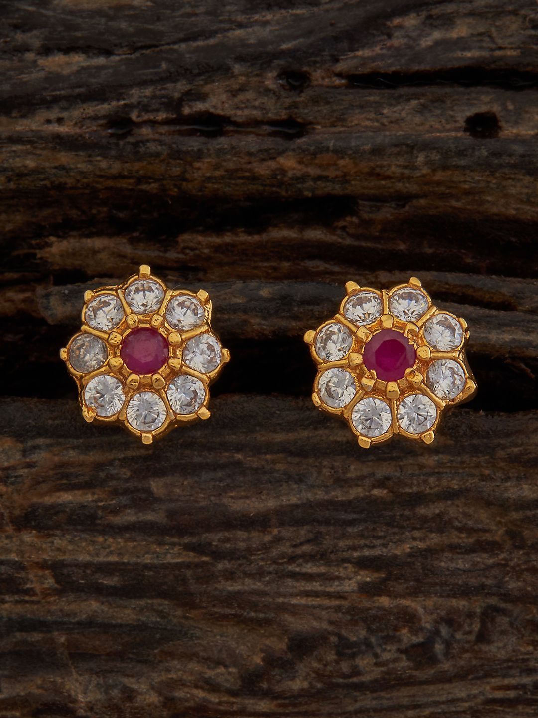 

Kushal's Fashion Jewellery 92.5 Pure Silver Gold-Plated Stones Stuuded Floral Studs, Red