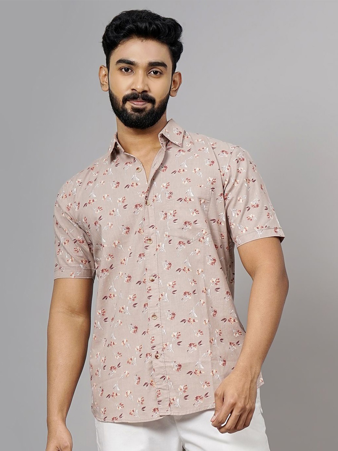 

JADE BLUE Men Cutaway Collar Floral Printed Cotton Slim Fit Casual Shirt, Cream