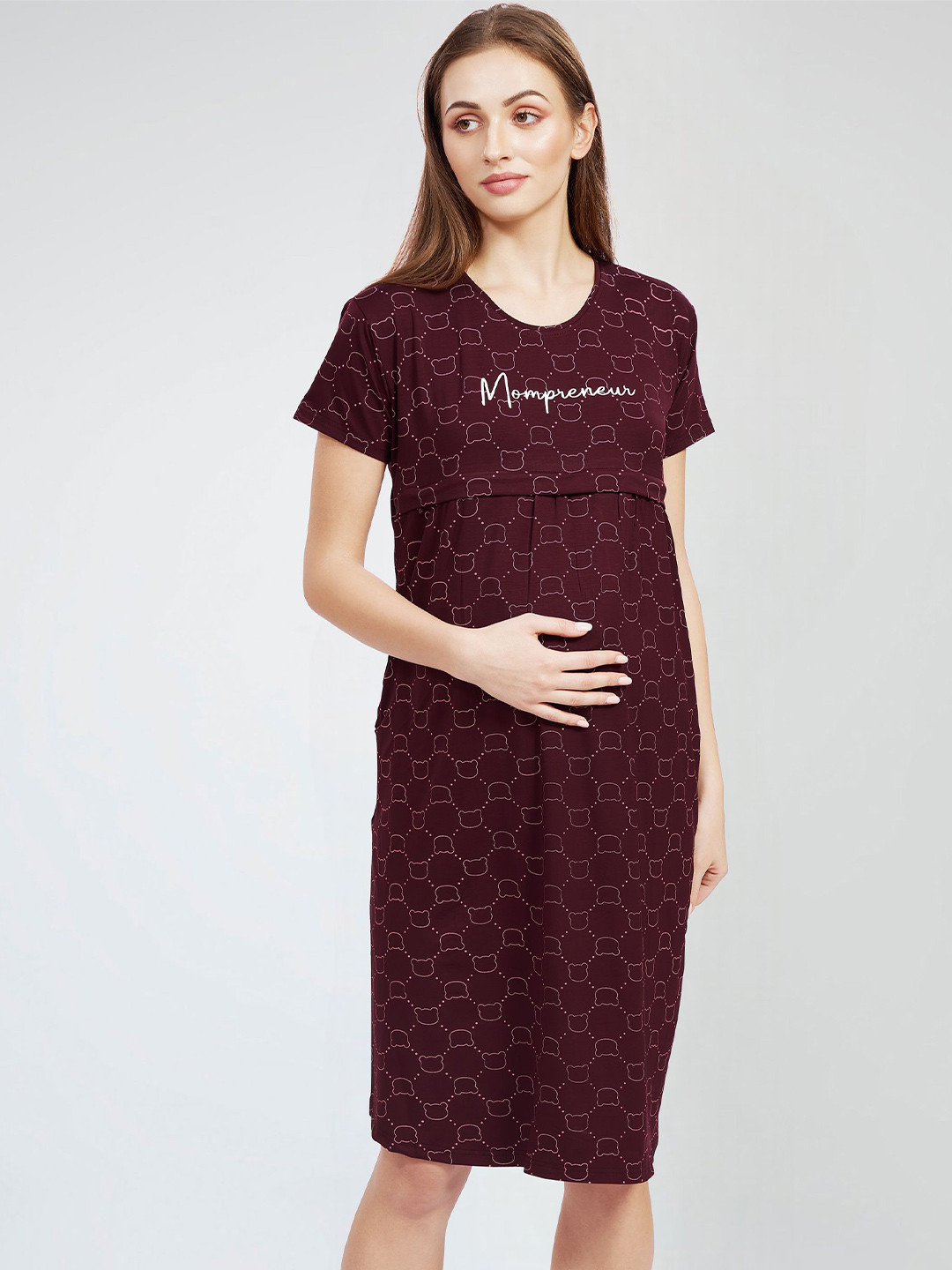 

PASTEL CLIP Teddy Printed Short Sleeves Pure Cotton Maternity T-Shirt Nightdress, Red