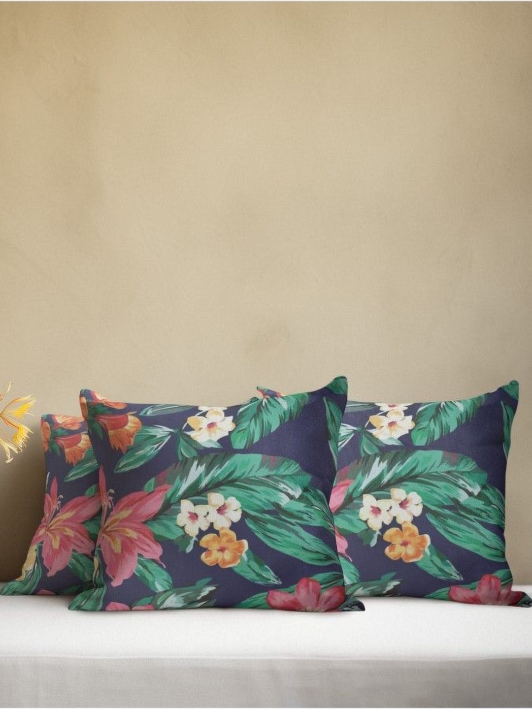 

THEYAYACAFE Navy Blue & Green 3 Pieces Floral Velvet Square Cushion Covers