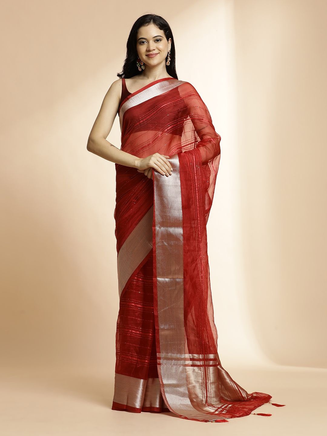 

Jaipur Kurti Woven Design Zari Saree, Red