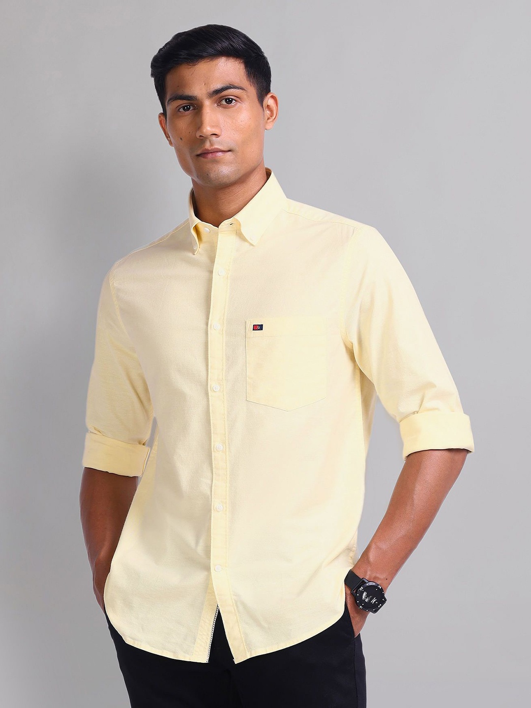 

AD By Arvind Men Spread Collar Solid Cotton Slim Fit Casual Shirt, Yellow