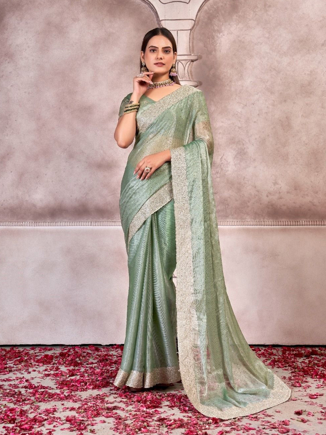 

Mitera Embellished Beads and Stones Pure Chiffon Saree, Sea green