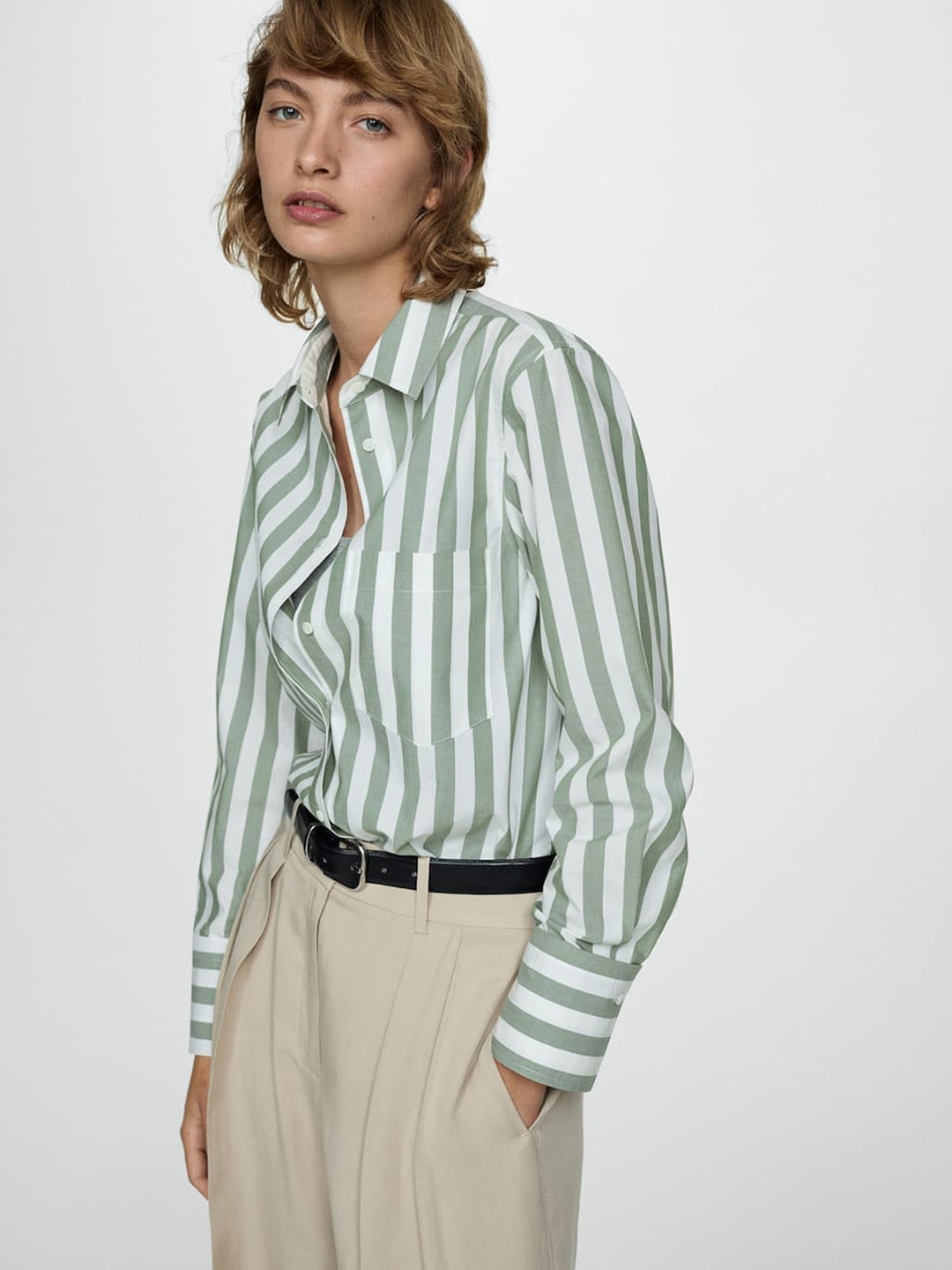 

MANGO Women Pure Cotton Striped Casual Shirt, White
