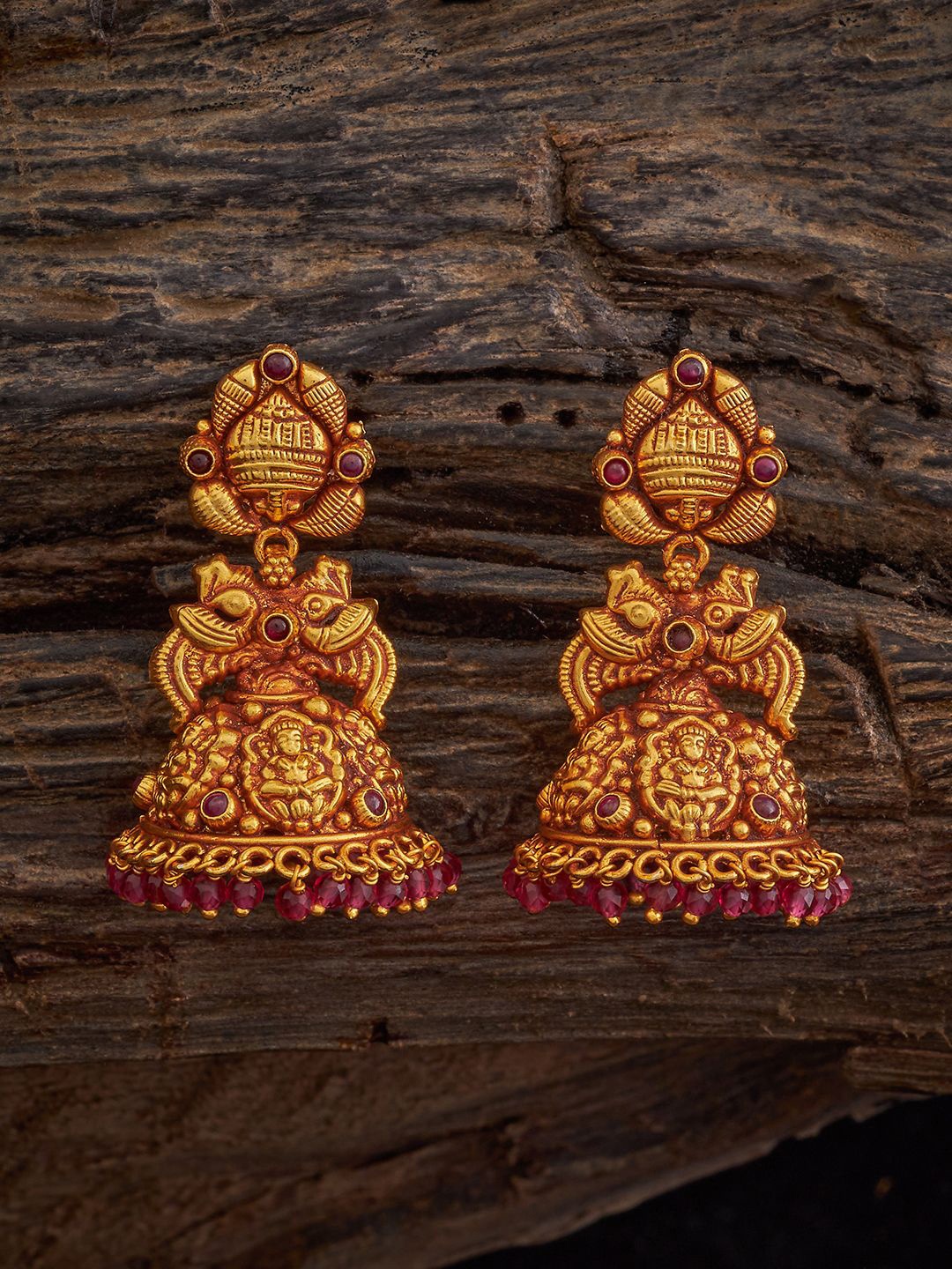

Kushal's Fashion Jewellery 92.5 Pure Silver Gold Plated Dome Shaped Jhumkas, Red