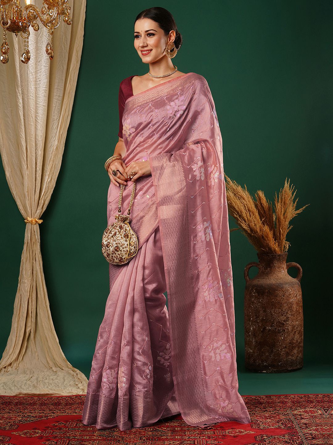 

Satrani Ethnic Motifs Sequinned Pure Silk Saree, Pink