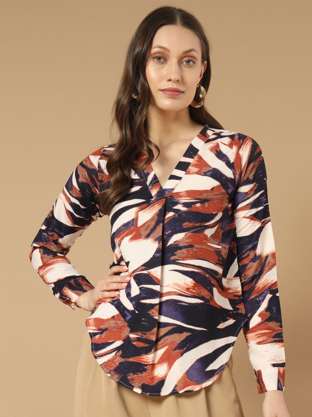 

OTABU Women Abstract Printed V-Neck Top, Purple