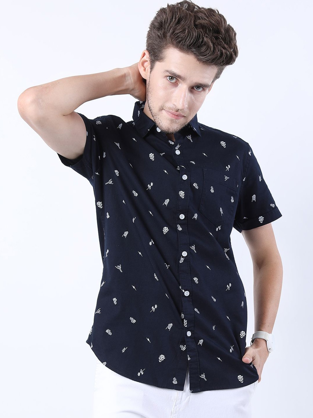 

HIGHLANDER Men Printed Slim Fit Shirt, Navy blue
