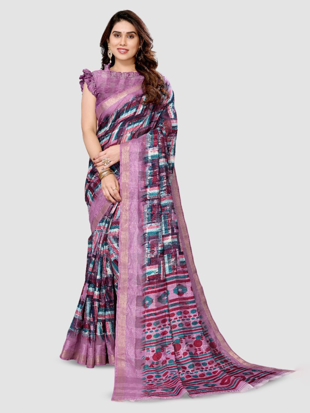 

sareyavella Abstract Printed Zari Patola Saree, Purple