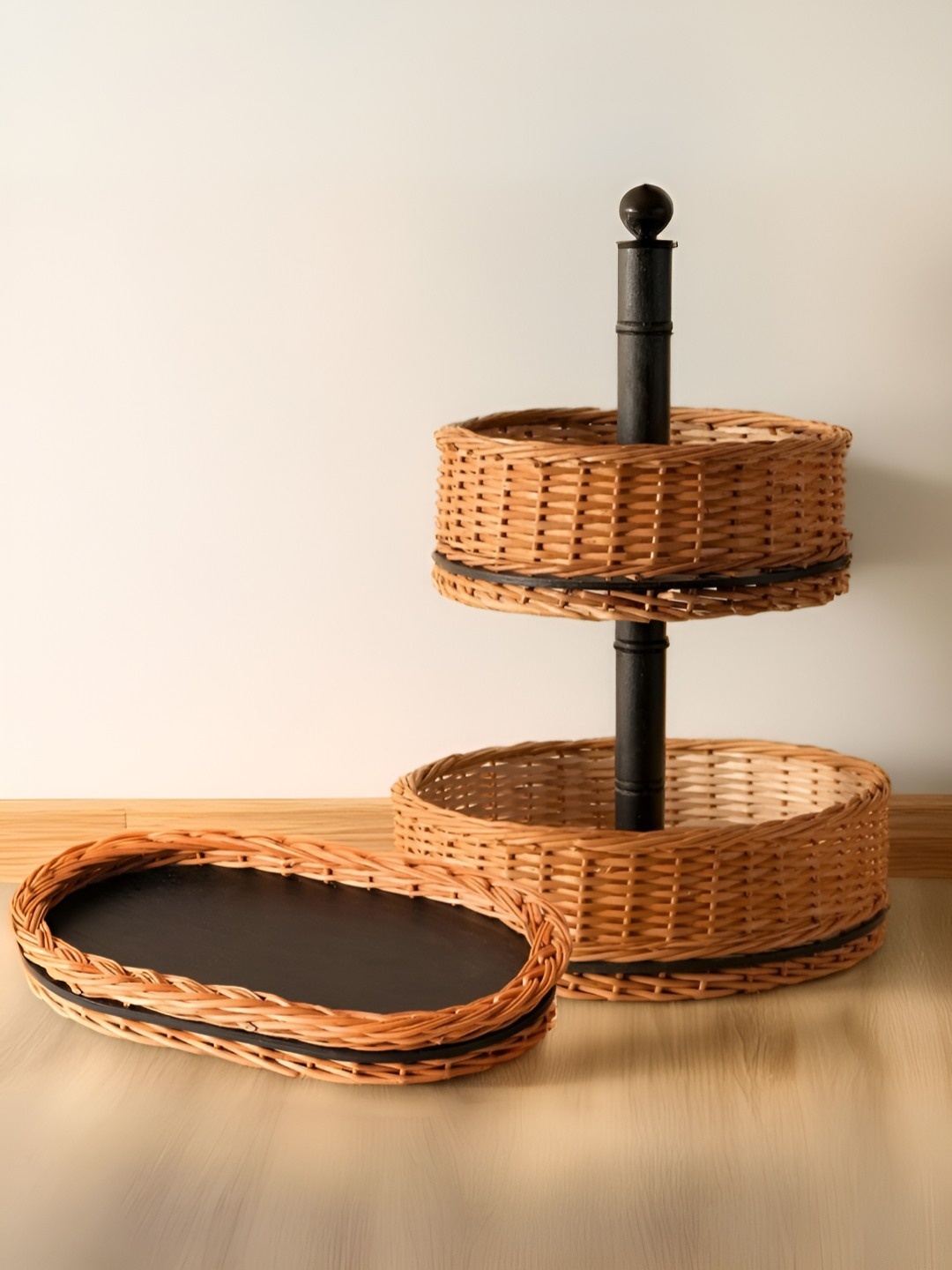 

Peepul Tree 2Pcs Wicker Fruit Basket & Serving Tray Combo, Brown