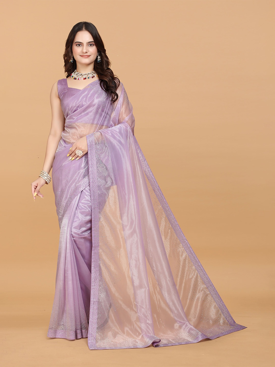 

Zeekha Embellished Beads and Stones Net Heavy Work Saree, Lavender