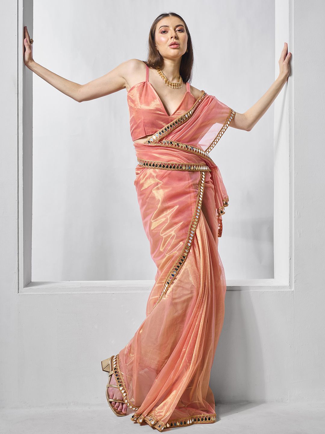

Mitera Mirror Work Pure Chiffon Saree, Peach