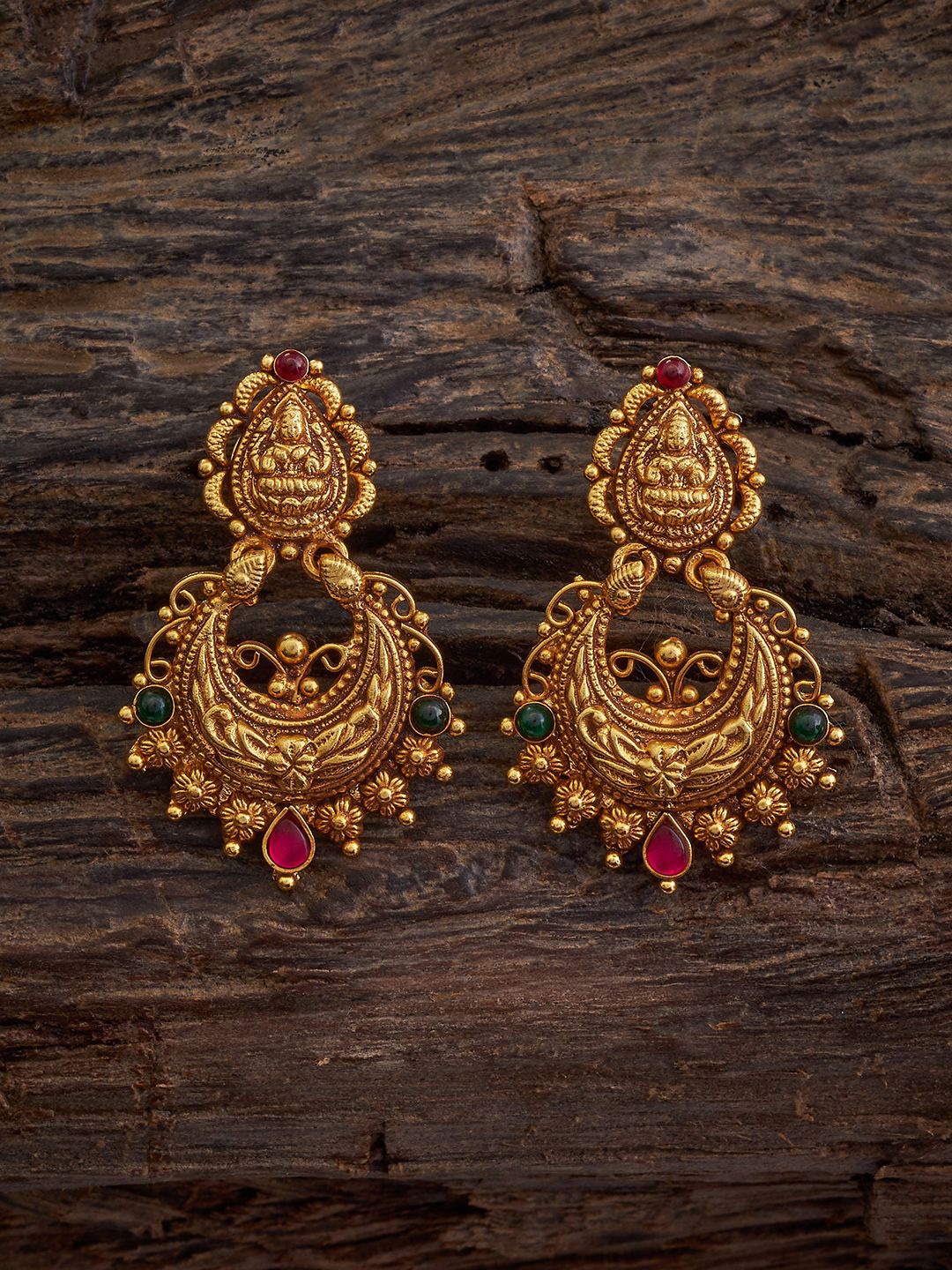 

Kushal's Fashion Jewellery 92.5 Pure Silver Gold Plated Crescent Shaped Chandbalis, Red