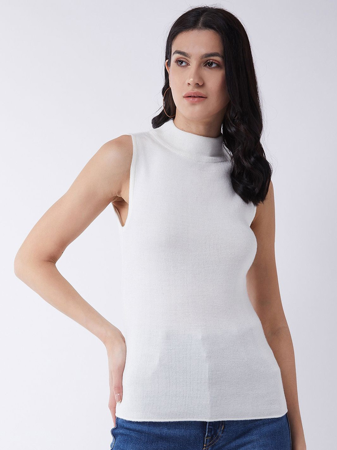 

RVK Women Solid Round Neck Sleeveless Sweater, White