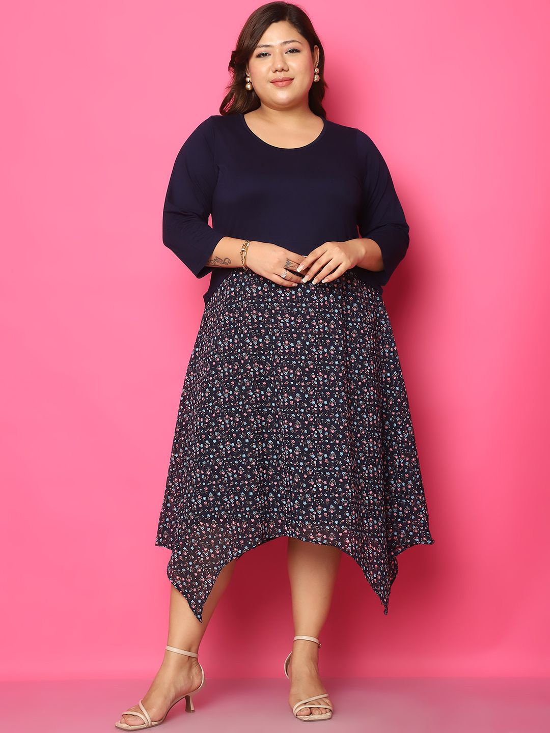 

theRebelinme Floral Print A-Line Midi Dress, Navy blue