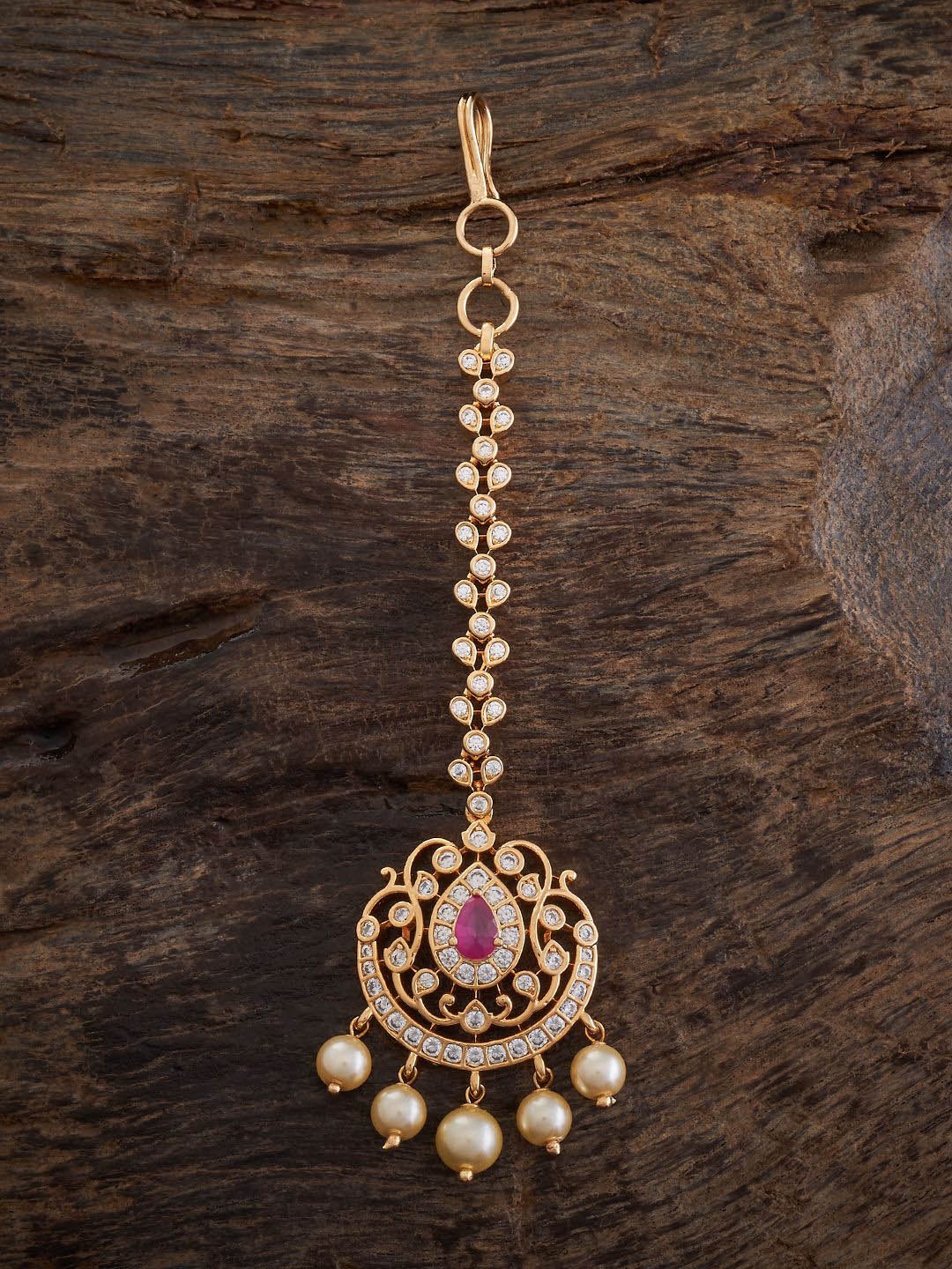 

Kushal's Fashion Jewellery Gold-Plated Zircon Stones Studded Maang Tikka