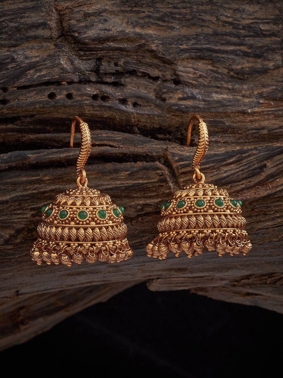 

Kushal's Fashion Jewellery Artificial Stones Gold-Plated Dome Shaped Jhumkas, Green