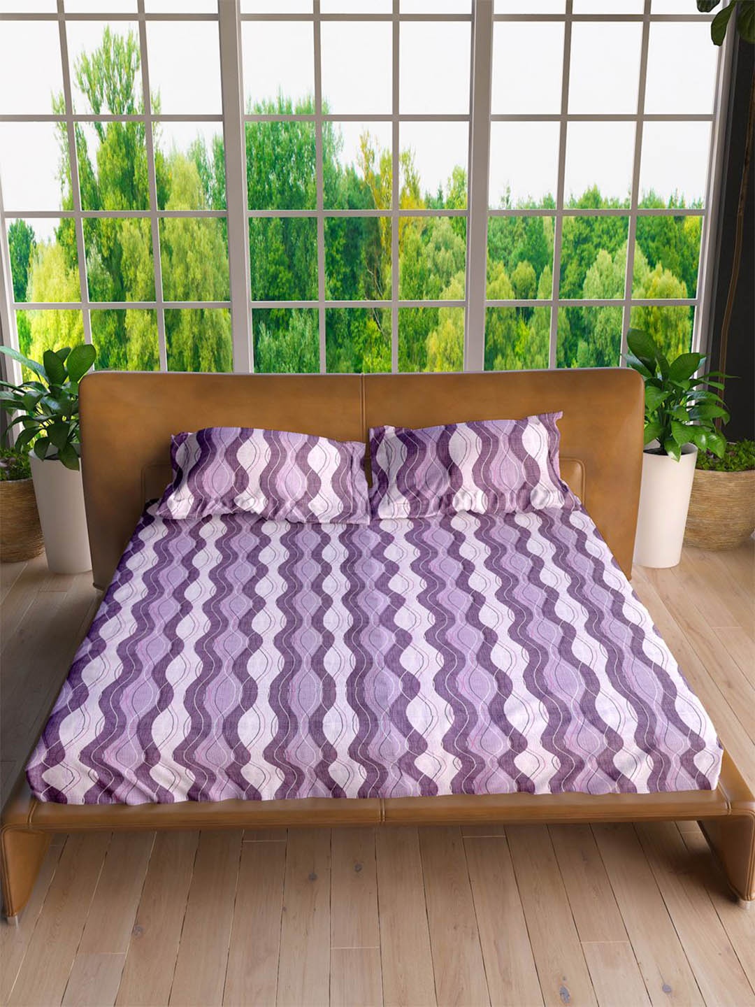 

LABHAM Purple & White Printed 160 TC Pure Cotton King Bedsheet With 2 Pillow Covers