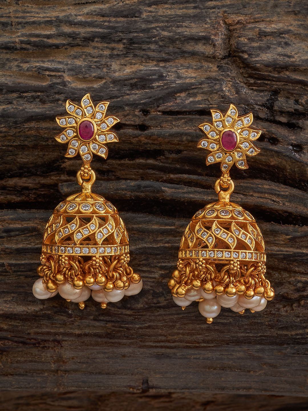 

Kushal's Fashion Jewellery 92.5 Pure Silver Ruby Gold-Plated Dome Shaped Jhumkas Earrings, Red