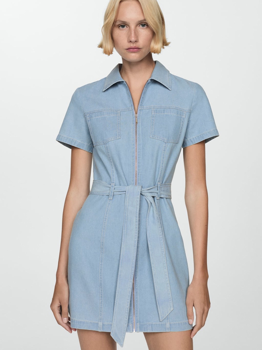 

MANGO Shirt Style Mini Chambray Dress, Blue