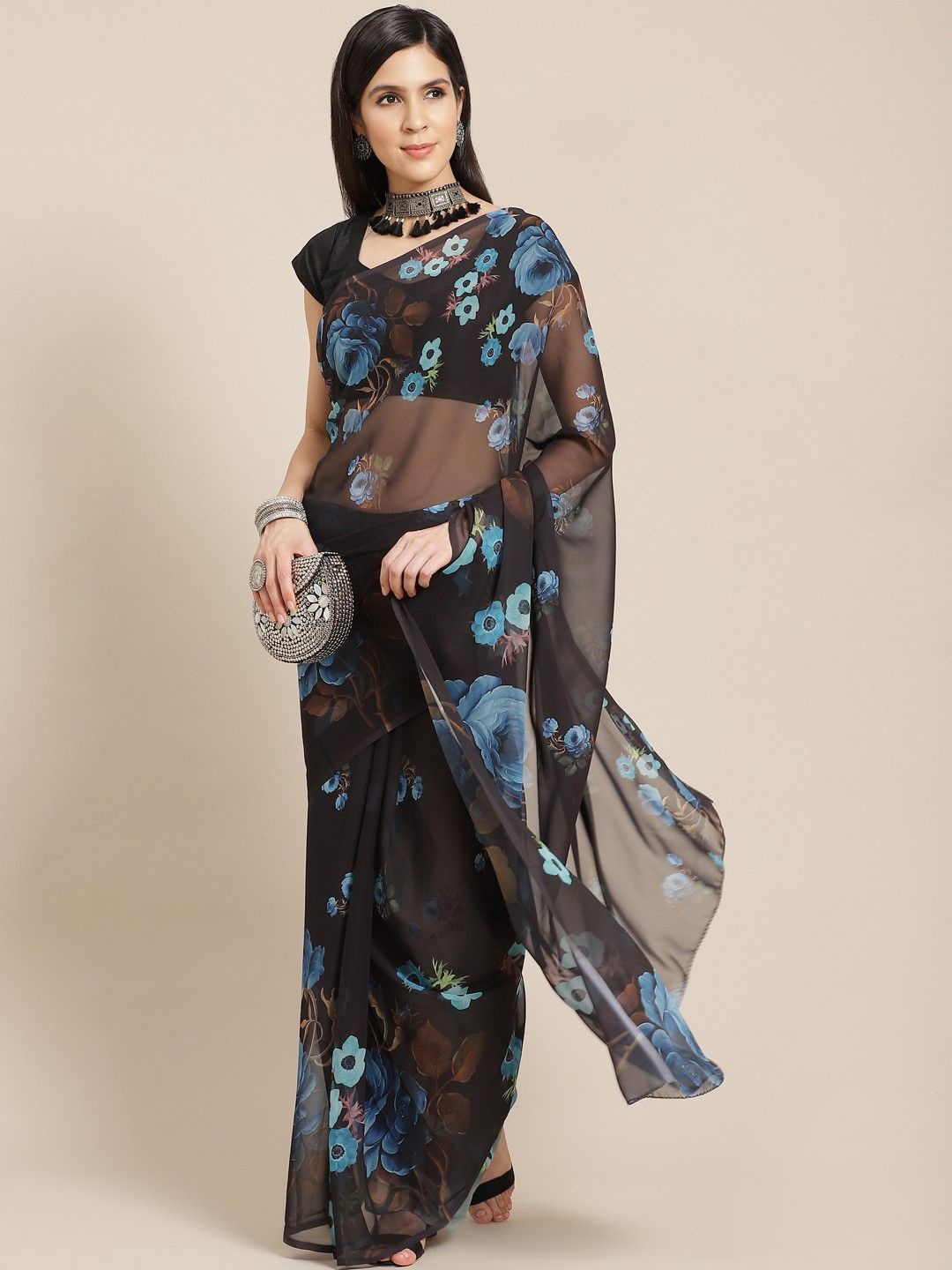 

Anouk Floral Poly Georgette Saree, Black