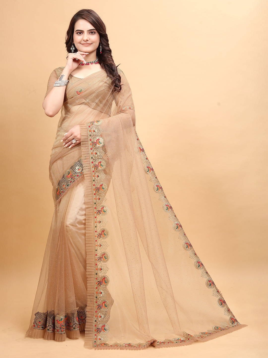 

Zeekha Embellished Embroidered Net Heavy Work Kanjeevaram Saree, Cream