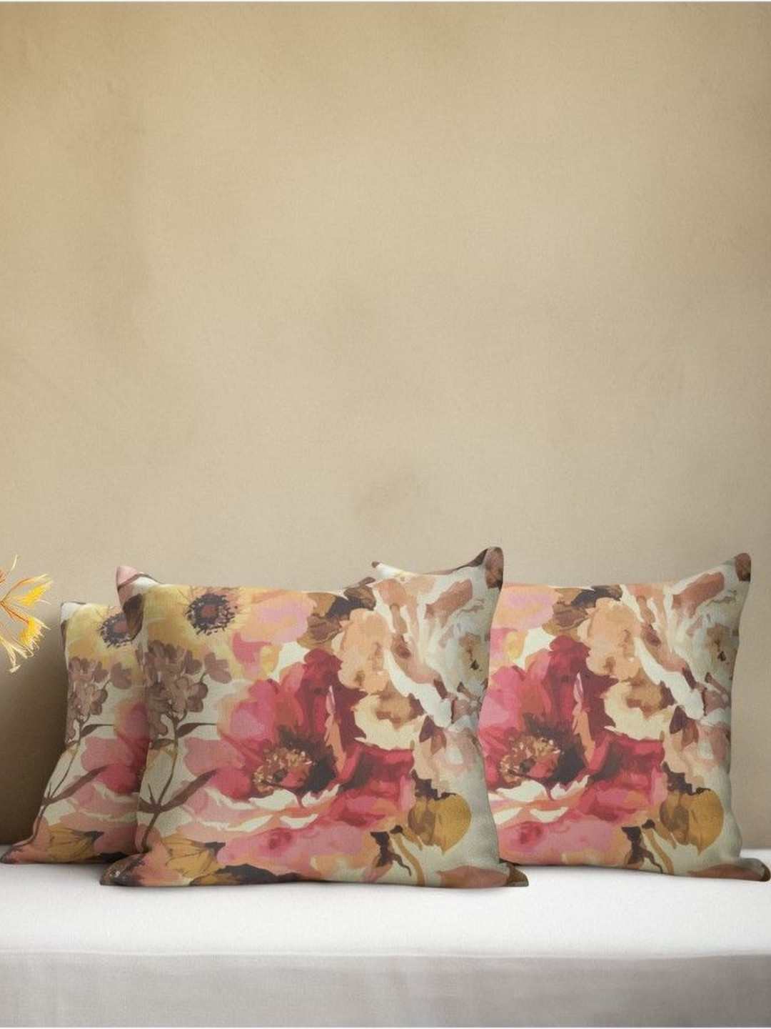 

THEYAYACAFE Off White & Red 3 Pieces Floral Velvet Square Cushion Covers